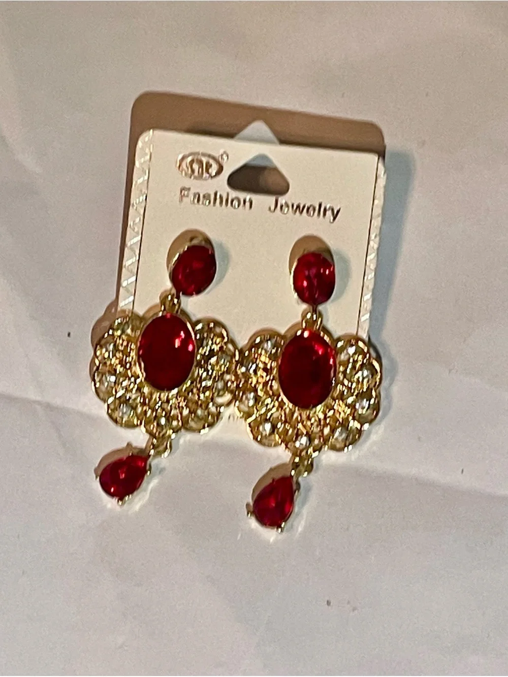 Gold Tone Red Gem Drop Earrings - Fashion Jewelry